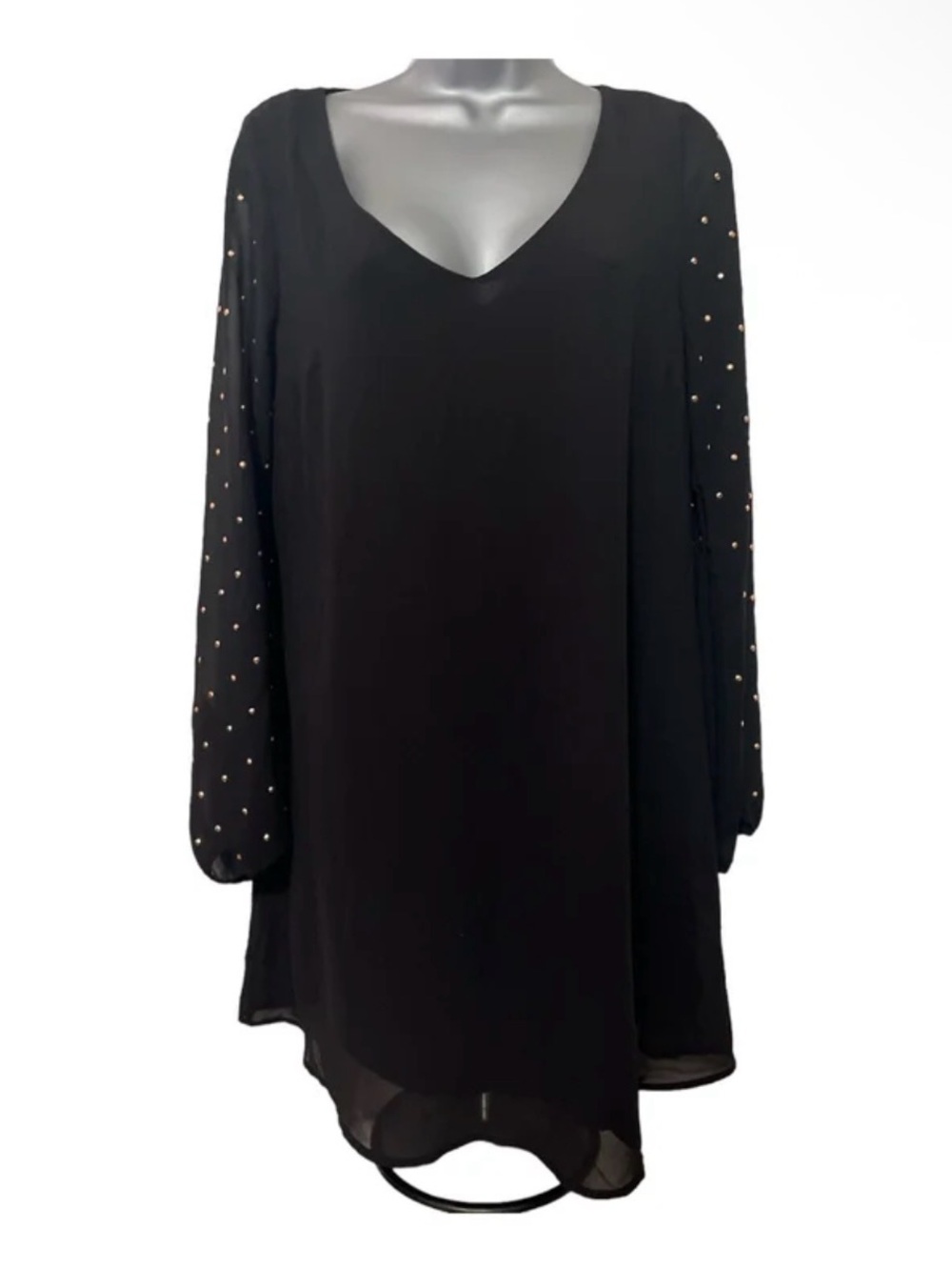 GUESS Black Long Sleeve V-Neck Dress with Studded Sleeves